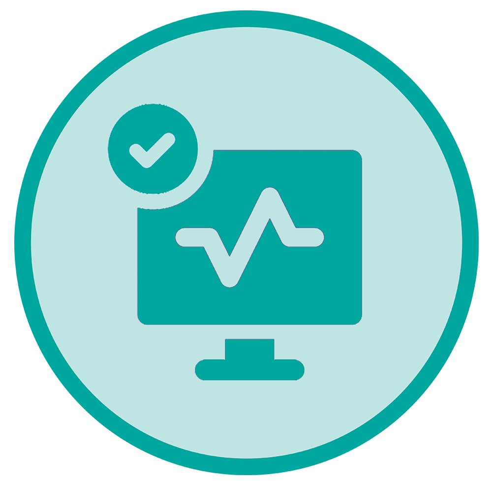 Status OK: computer monitor with a heartbeat line and a checkmark, indicating healthy system.