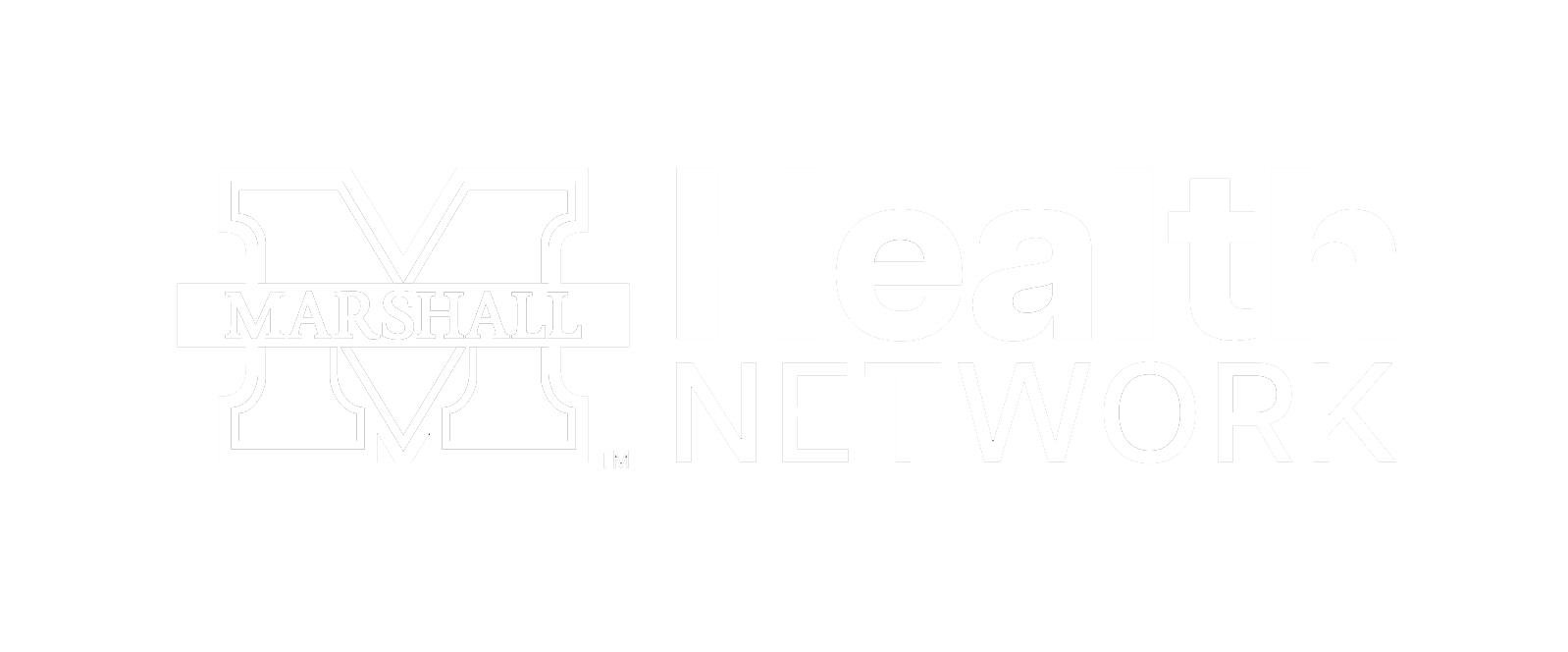 Marshall Health Network logo with a large H frame and the word MARSHALL across it (outline style).