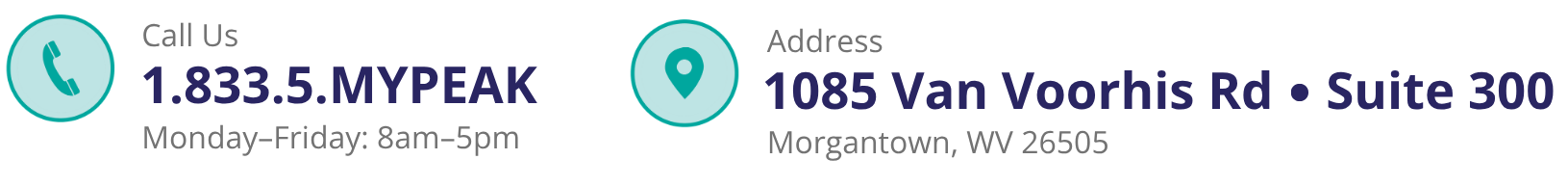 Contact header with phone number 1.833.5.MYPEAK and hours Monday–Friday 8am–5pm, plus the address 1085 Van Voorhis Rd, Suite 300, Morgantown, WV 26505 with a location pin icon.