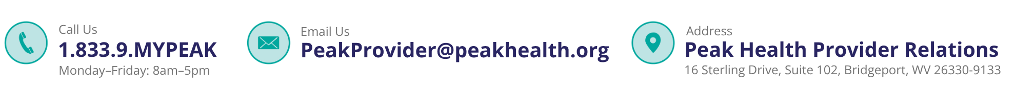 Contact information strip showing phone number, email, and address for Peak Health Provider Relations.