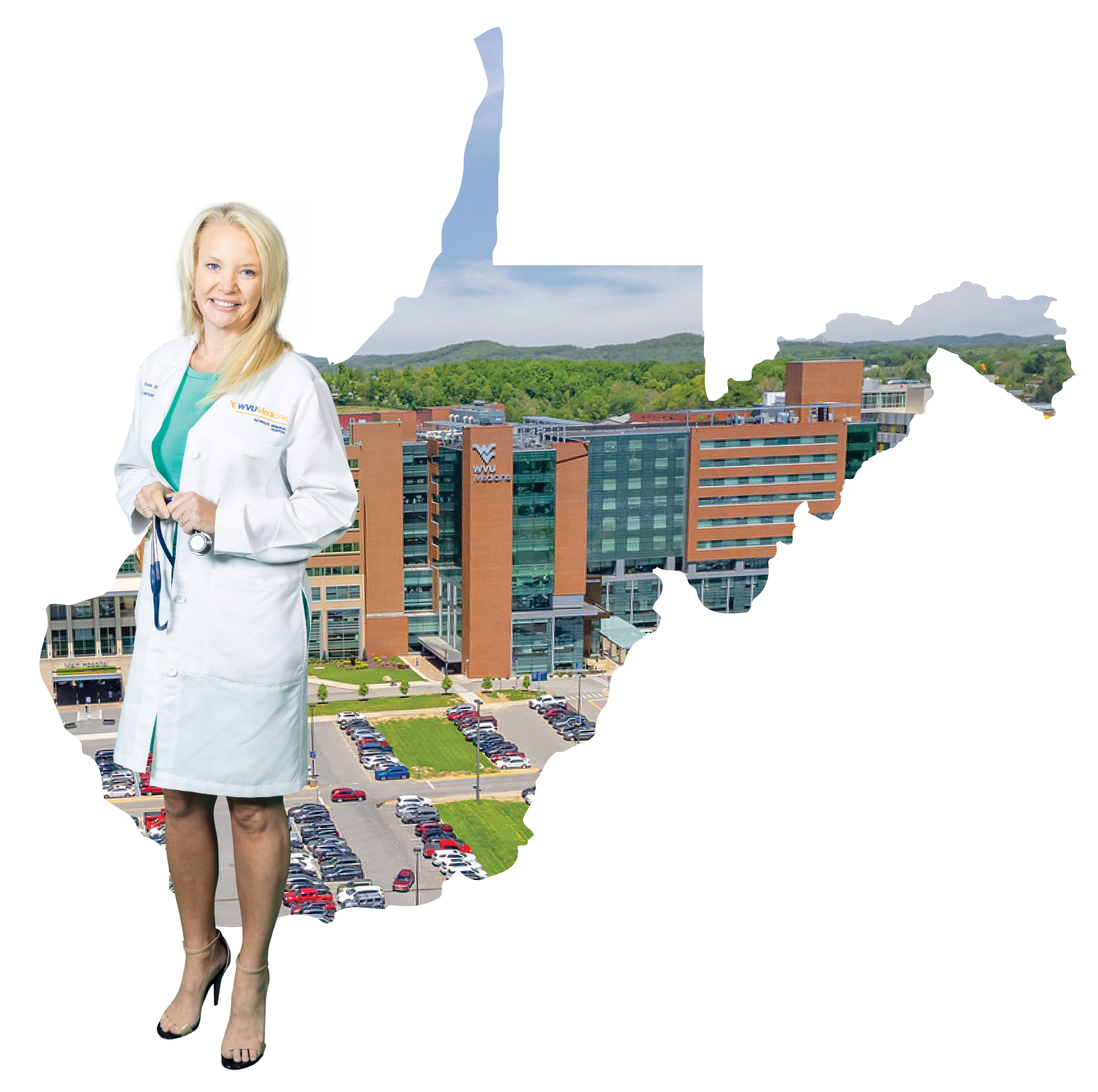 Female doctor in a white coat with stethoscope, standing in front of a WVU Medicine hospital and parking lot.