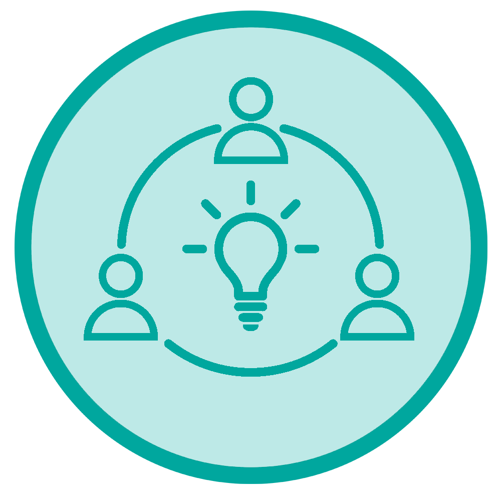 Three people arranged in a circle around a glowing light bulb, symbolizing collaboration and shared ideas.