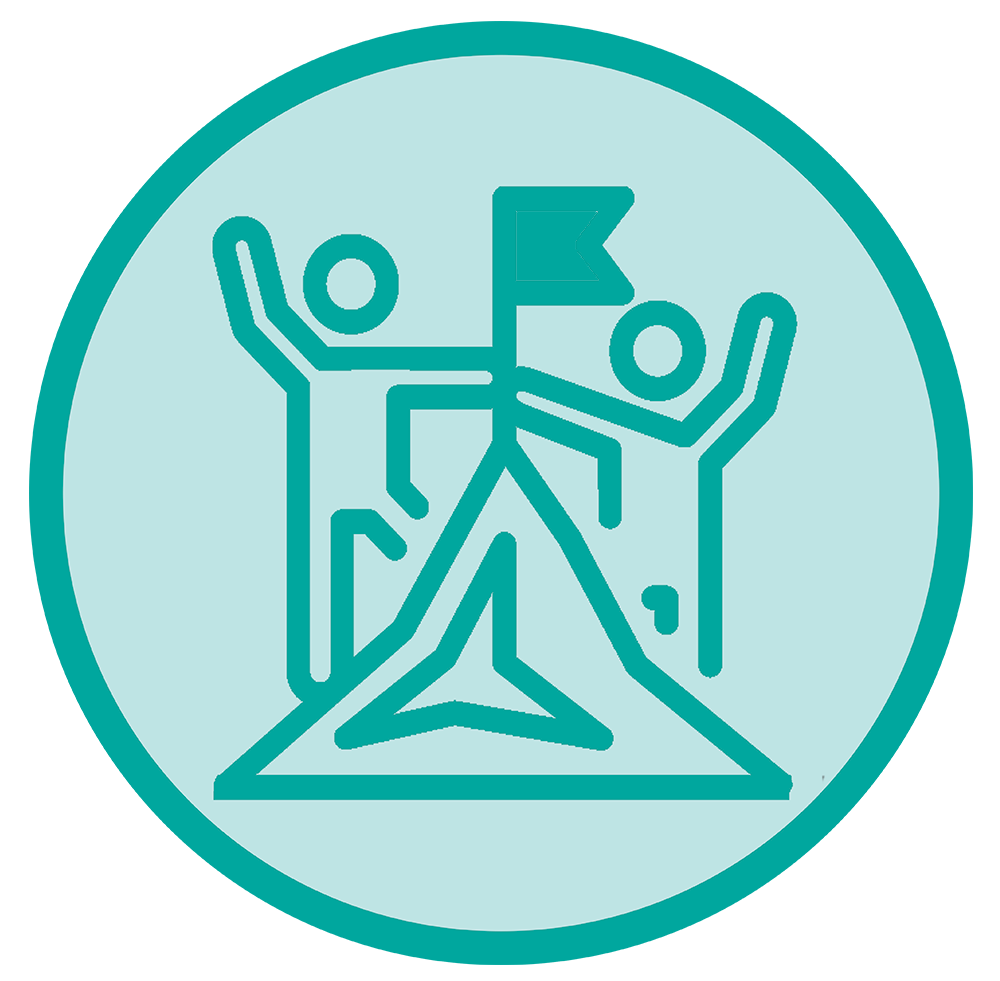 Two people celebrate at a mountain summit with a flag, symbolizing achievement, inside a teal circular emblem.