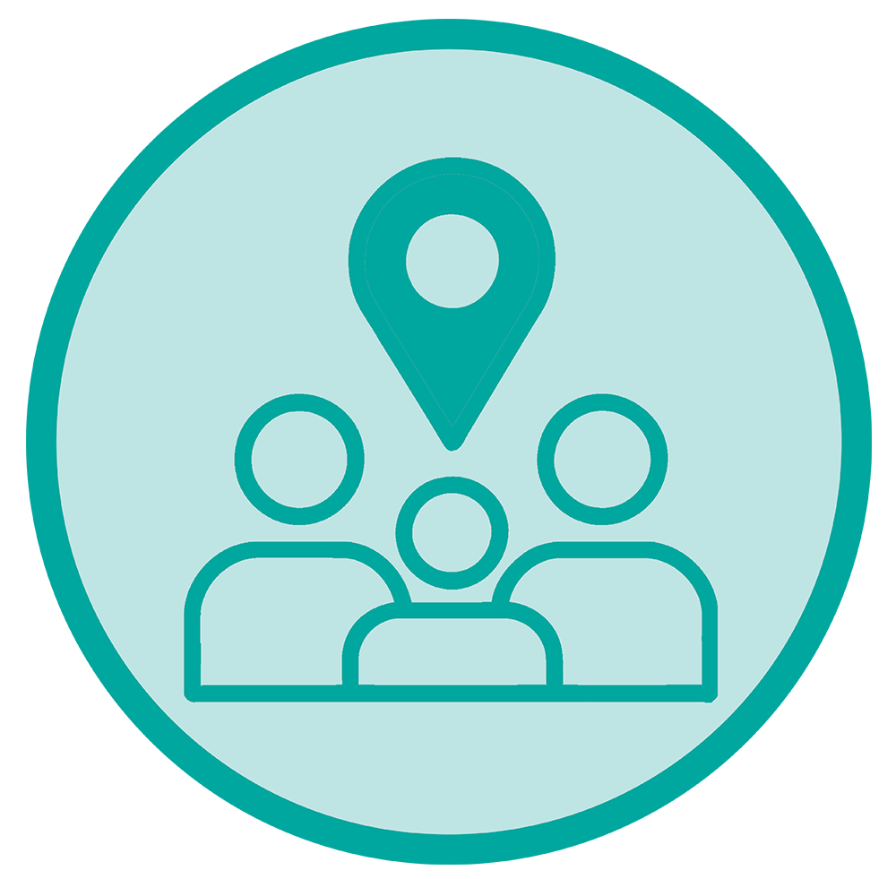 Icon of three people with a location pin above, signaling group location or a team.