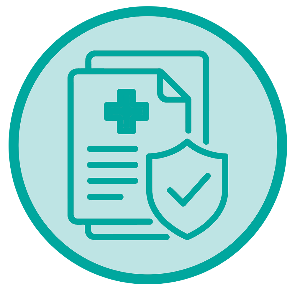 Medical documents icon with a shield and checkmark, representing protected health records in healthcare.1