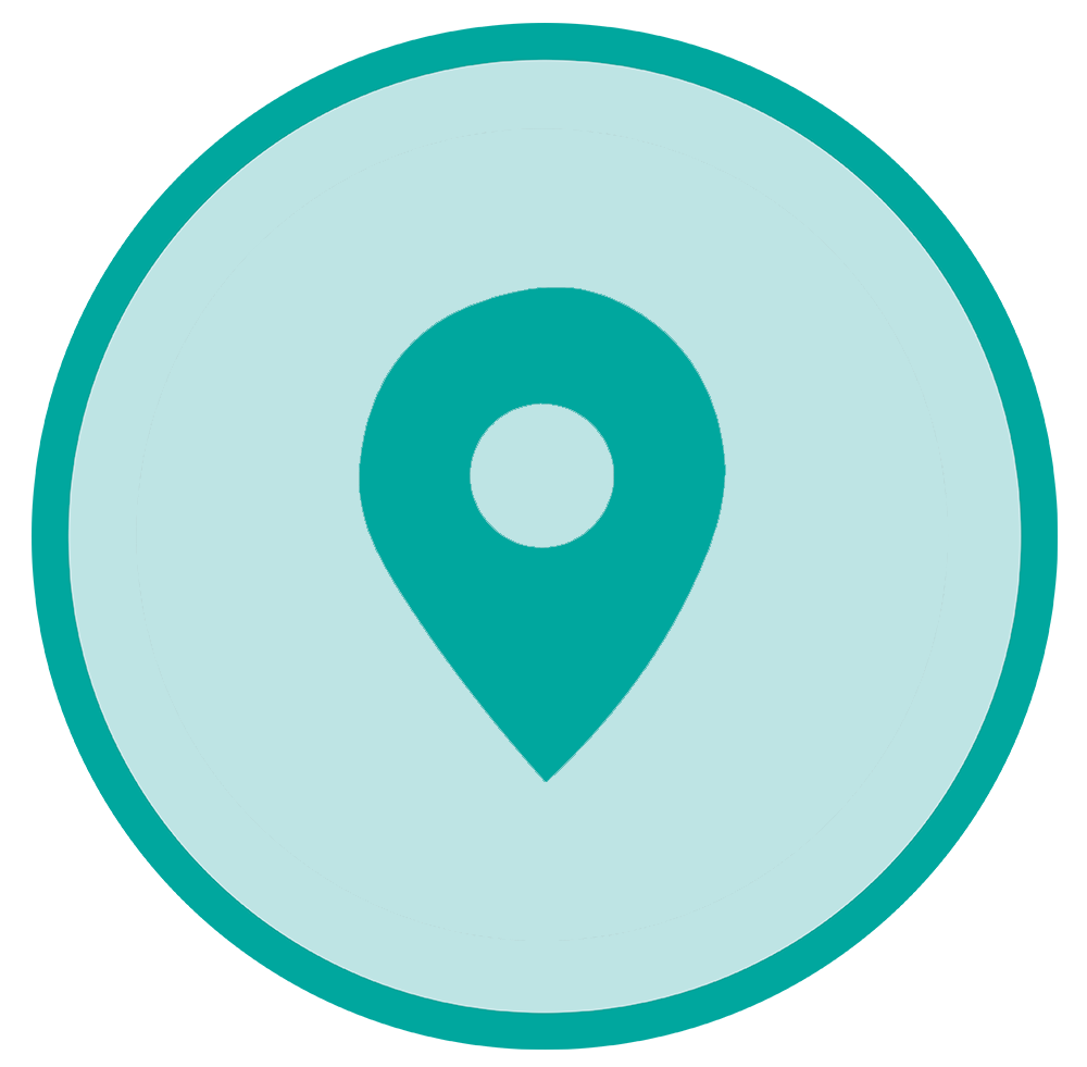Teal location pin icon centered on a circular teal ring, indicating a map location