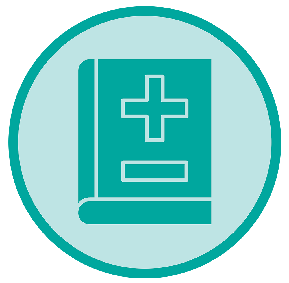 Icon of a medical book with a plus symbol, representing a first aid or health manual