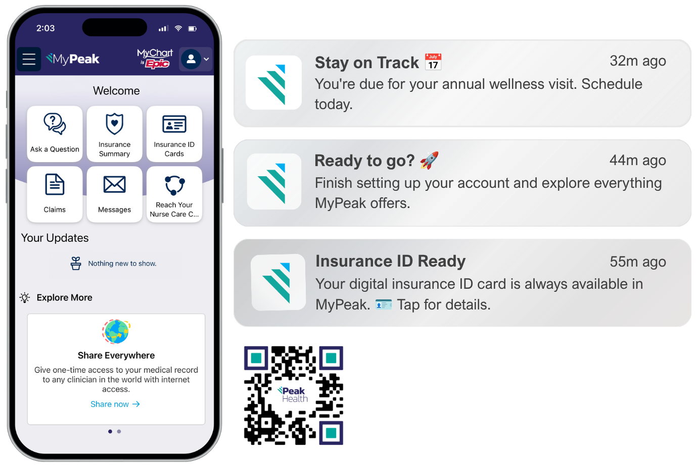 Mobile screen showing the MyPeak app with a Welcome header and six rounded shortcut tiles: Ask a Question, Insurance Summary, Insurance ID Cards, Claims, Messages, Reach Your Nurse Care. Below are 'Your Updates' with a 'Nothing new to show' note. To the right, three notification cards titled Stay on Track, Ready to go?, and Insurance ID Ready, plus a QR code at the bottom.