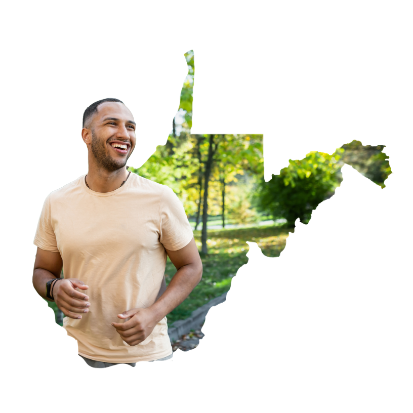 Man jogging and smiling inside the outline of New Jersey filled with a park scene